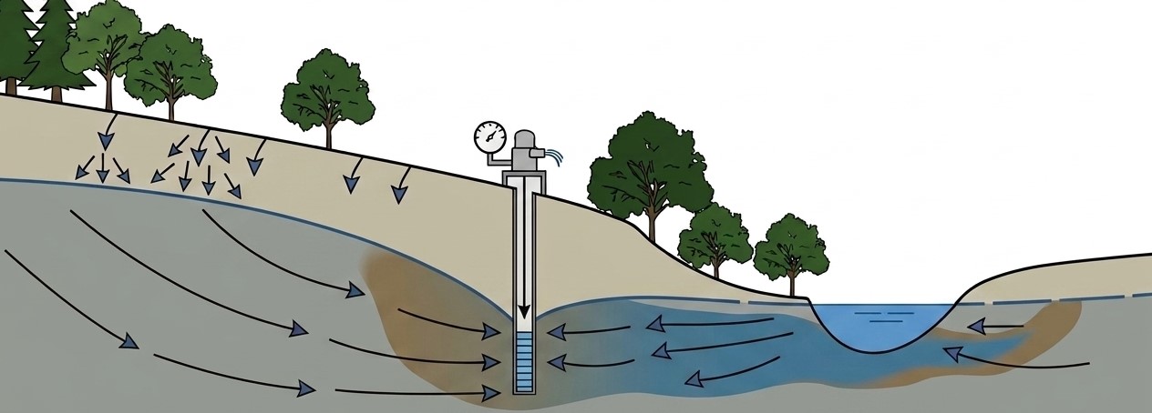 Esquema de un acuífero con pozo y flujo de aguas subterráneas
